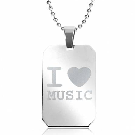 Colier oțel I love Music dreptunghi zale bile